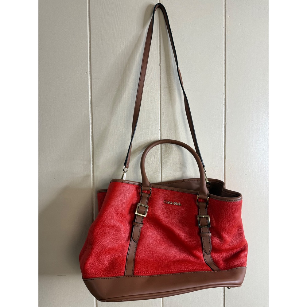Calvin Klein Red Satchel Women's Shoulder Bag Brown‎ Trim Gold Hardware